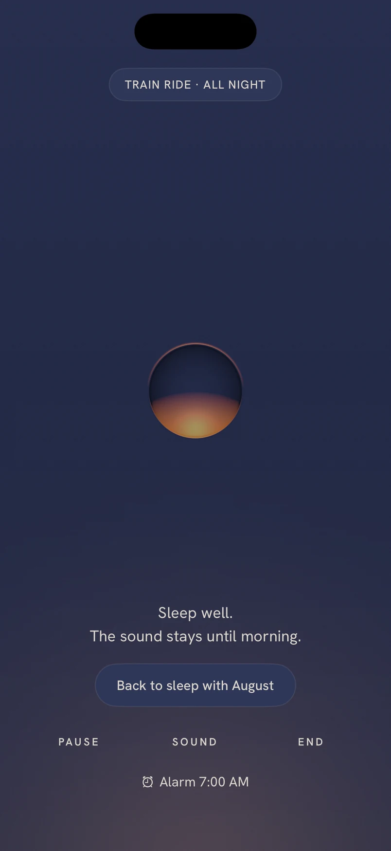'Sleep well. The sound stays until morning.' Train Ride, all night, with Back to sleep with August.