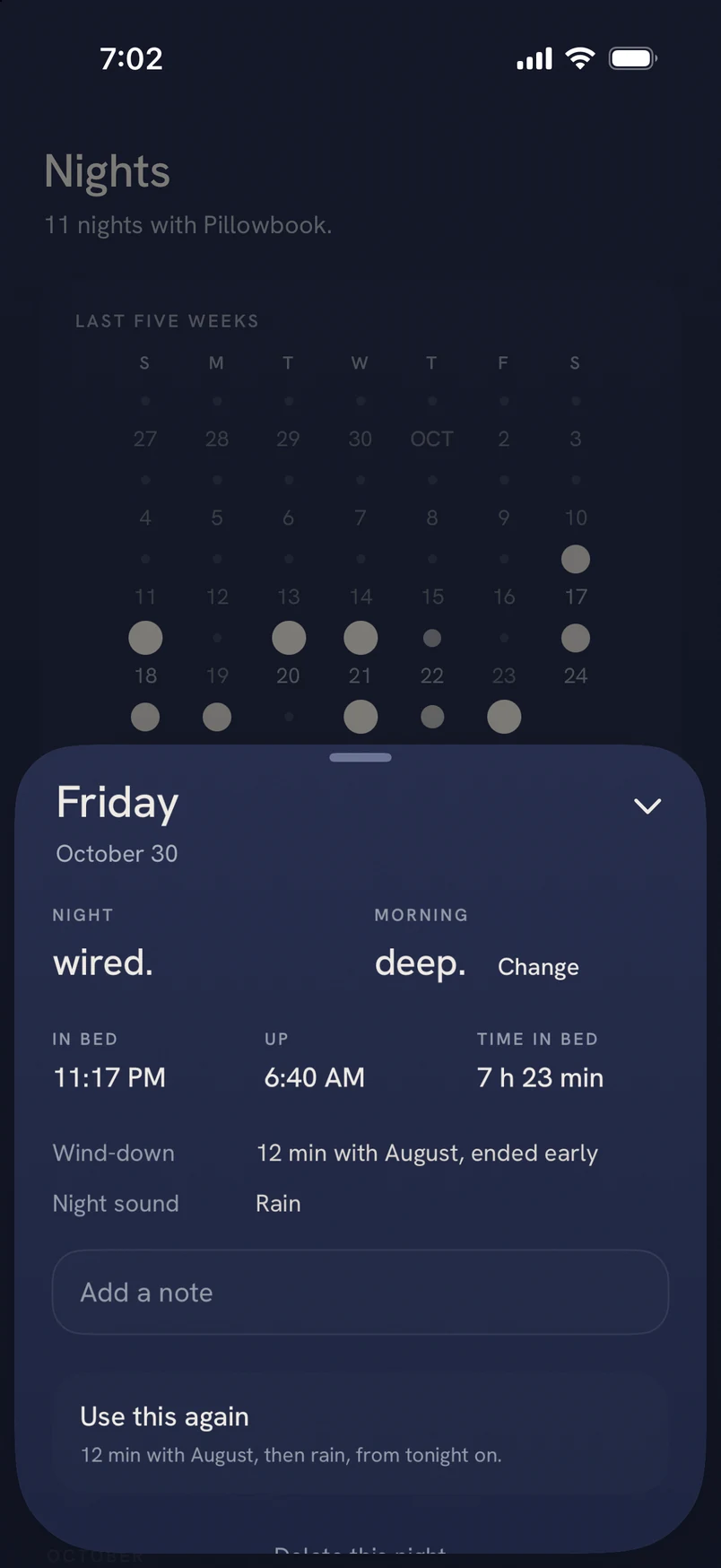 A night's detail: the night's feeling and the morning's word, in bed, up, time in bed, wind-down and night sound.